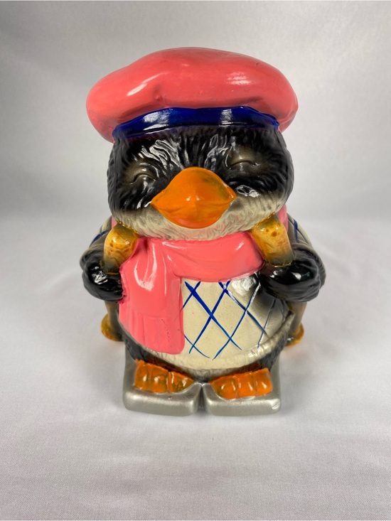 Other - Vintage Ceramic Penguin Coin Bank Pink Scarf Skis Taiwan Christmas Winter Decor